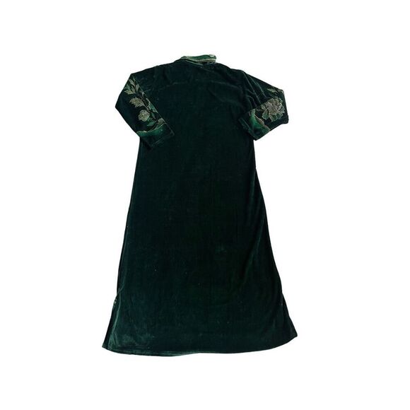 Vintage velour 70s 80s green sparkly peacock and Lotus flower maxi house dress - Picture 2 of 6